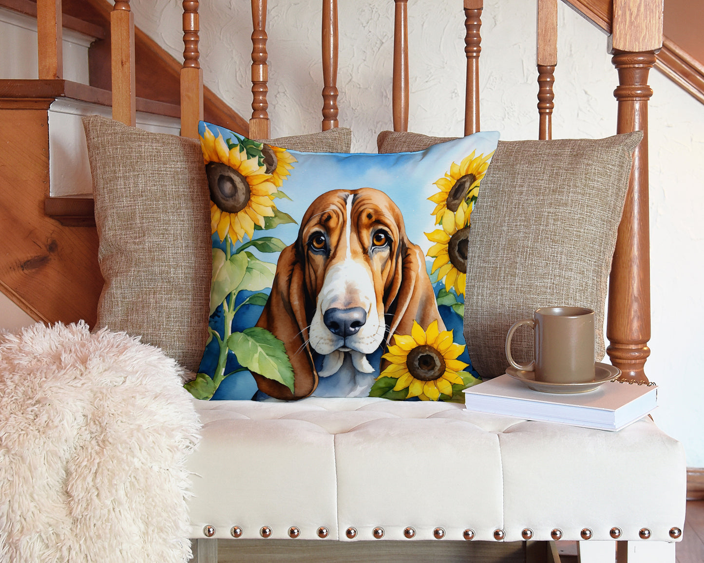 Basset Hound in Sunflowers Throw Pillow