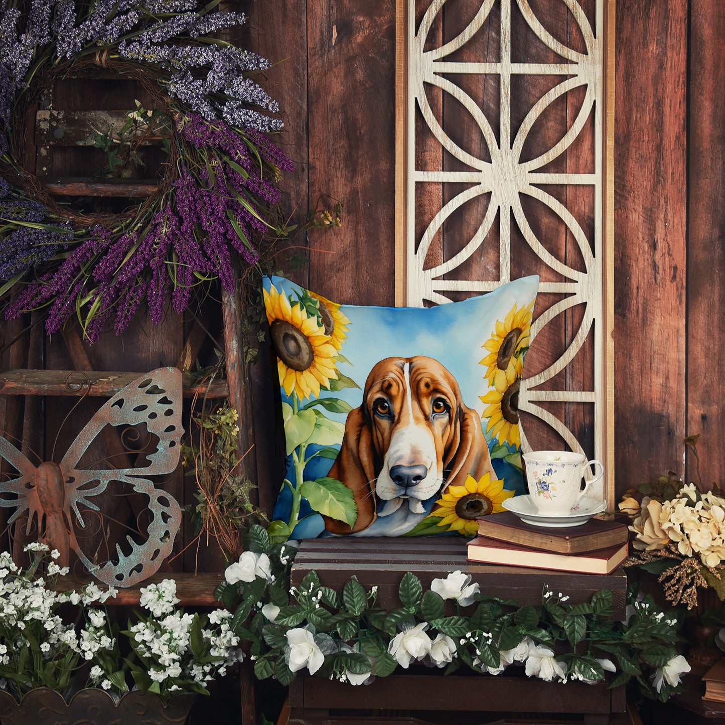 Basset Hound in Sunflowers Throw Pillow