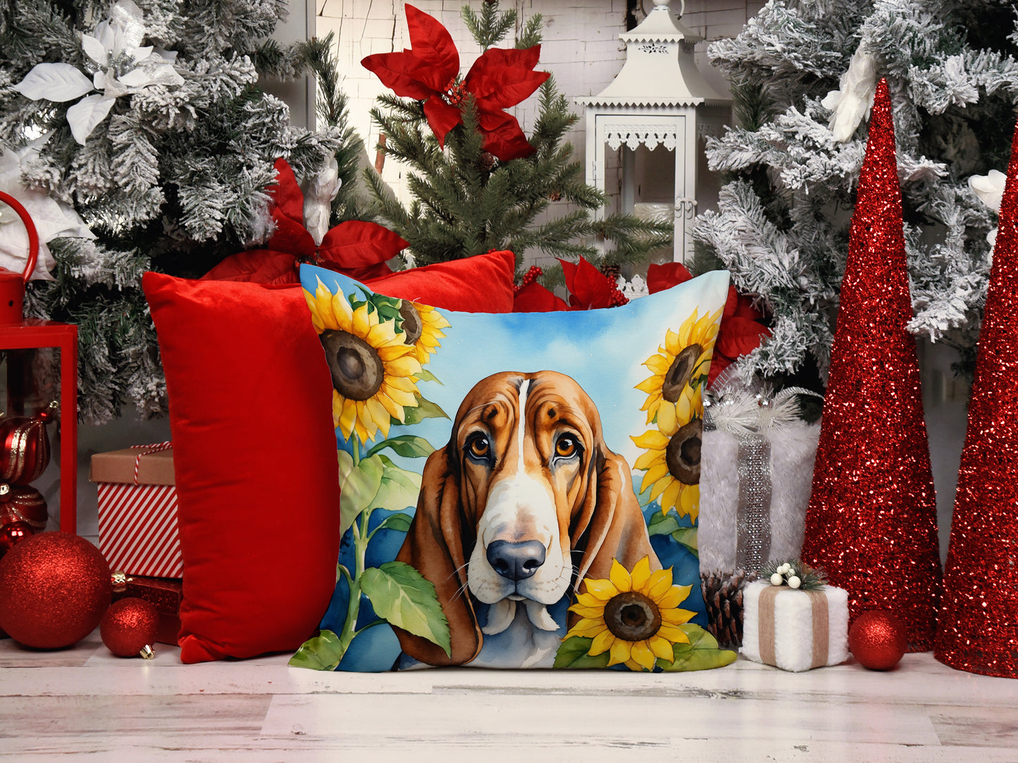 Basset Hound in Sunflowers Throw Pillow