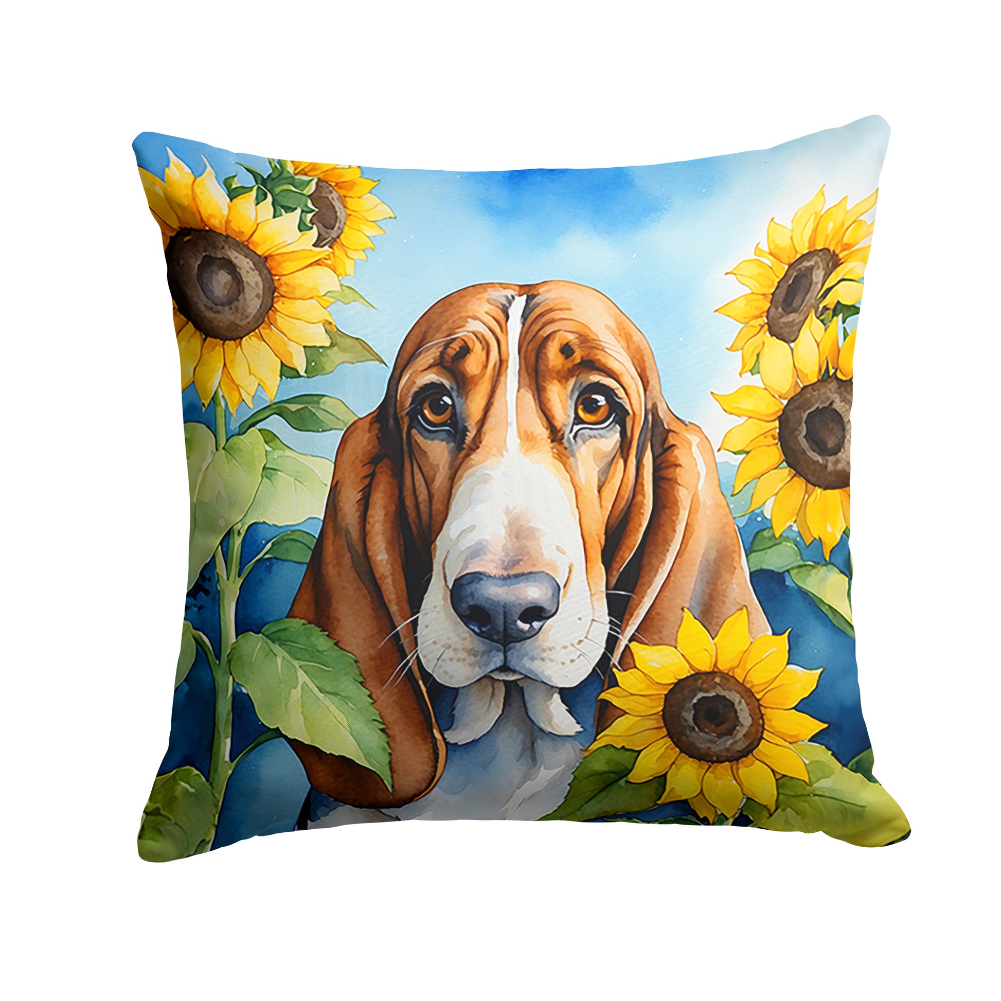 Buy this Basset Hound in Sunflowers Throw Pillow