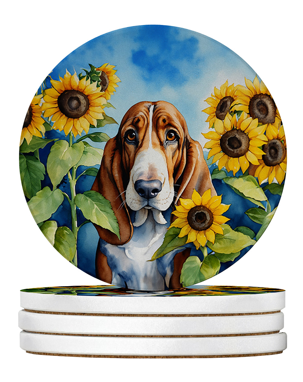 Buy this Basset Hound in Sunflowers Large Sandstone Coasters Pack of 4