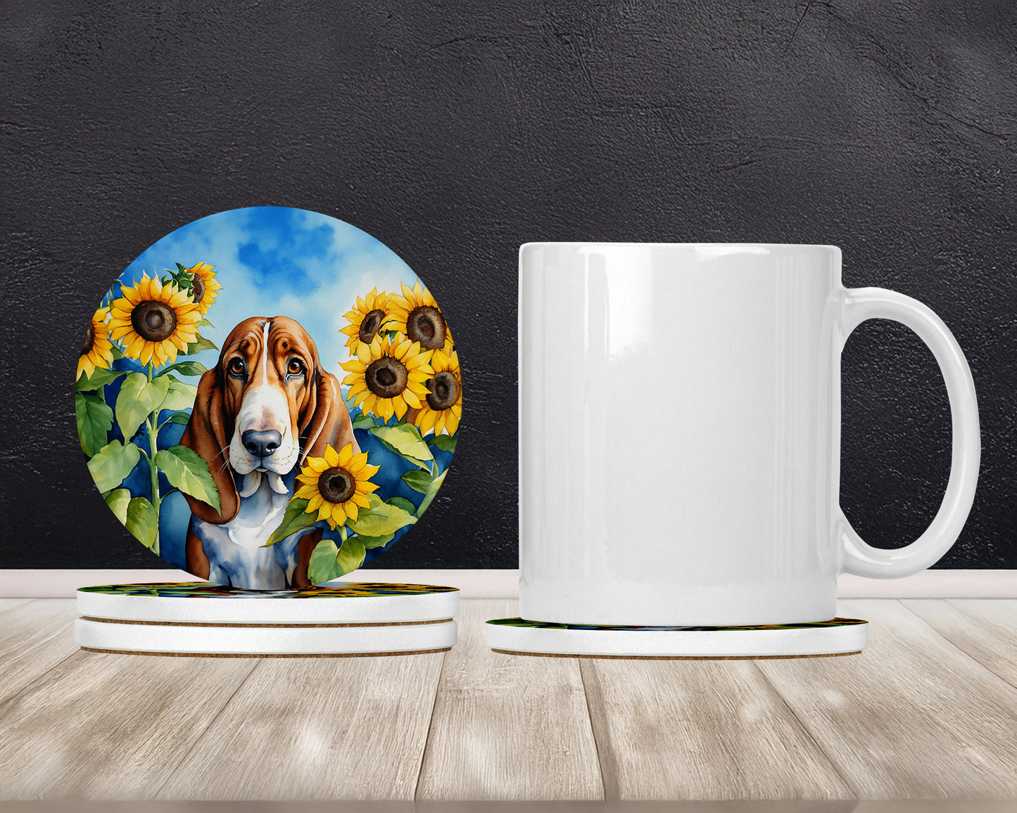 Basset Hound in Sunflowers Large Sandstone Coasters Pack of 4