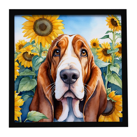 Buy this Basset Hound in Sunflowers Framed Metal Print