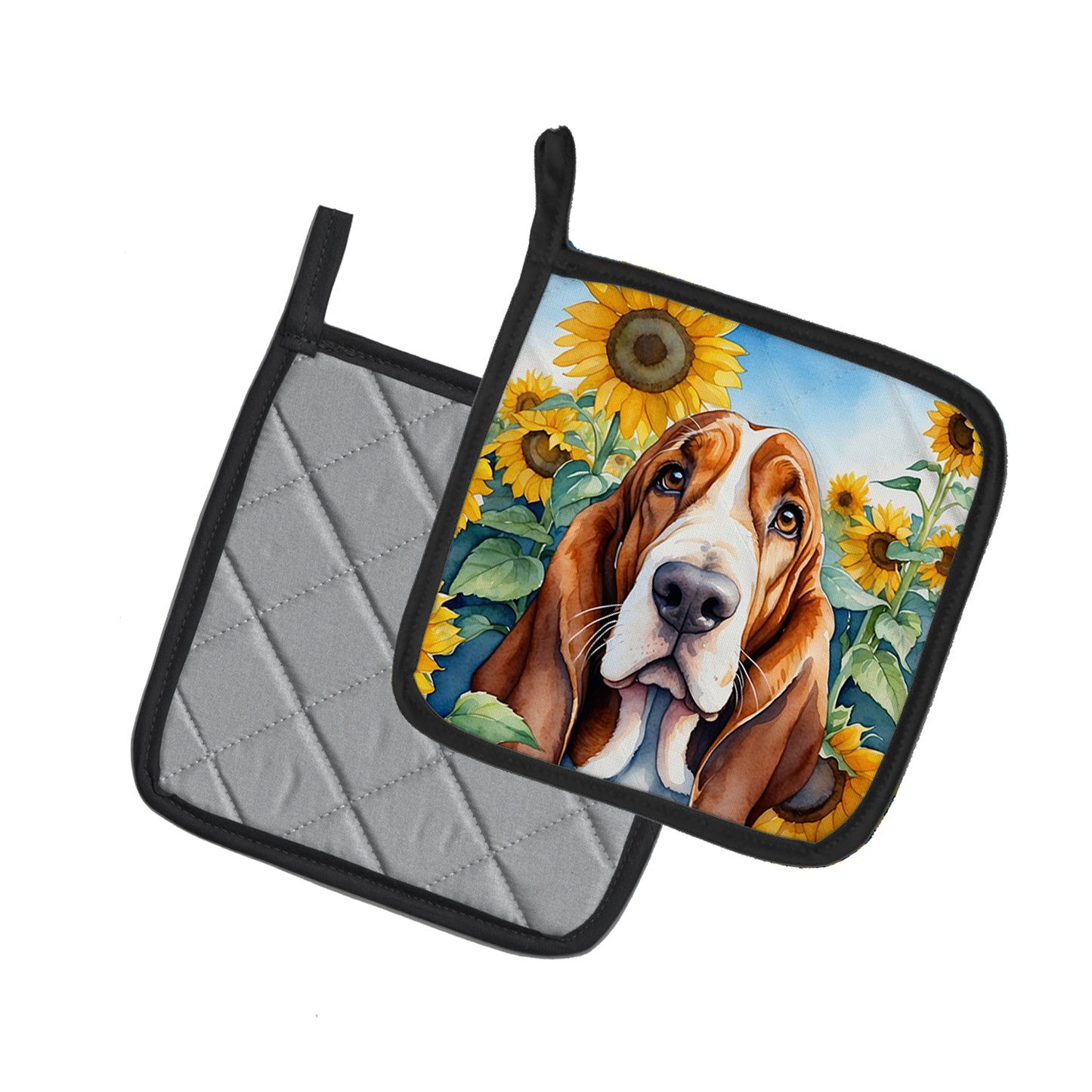 Basset Hound in Sunflowers Pair of Pot Holders