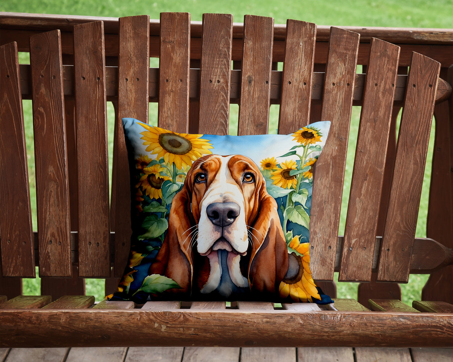 Basset Hound in Sunflowers Throw Pillow