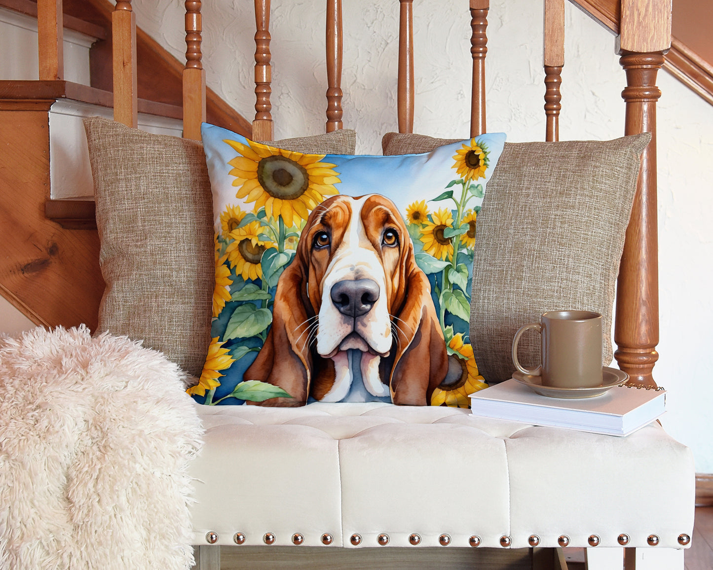 Basset Hound in Sunflowers Throw Pillow