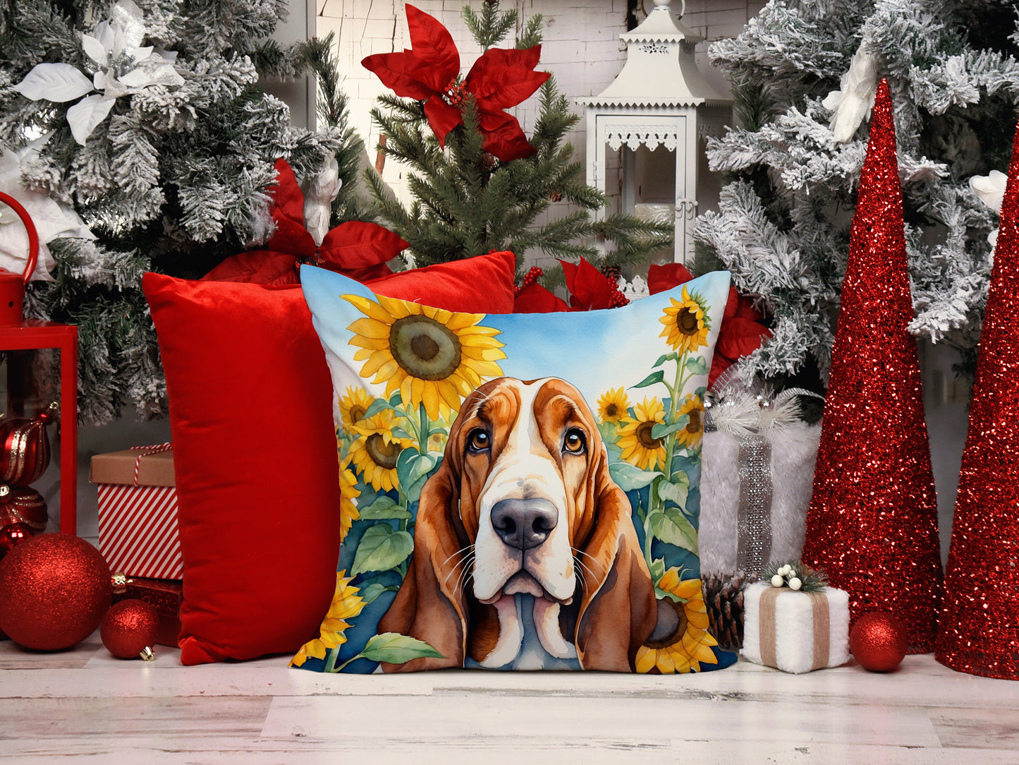 Basset Hound in Sunflowers Throw Pillow