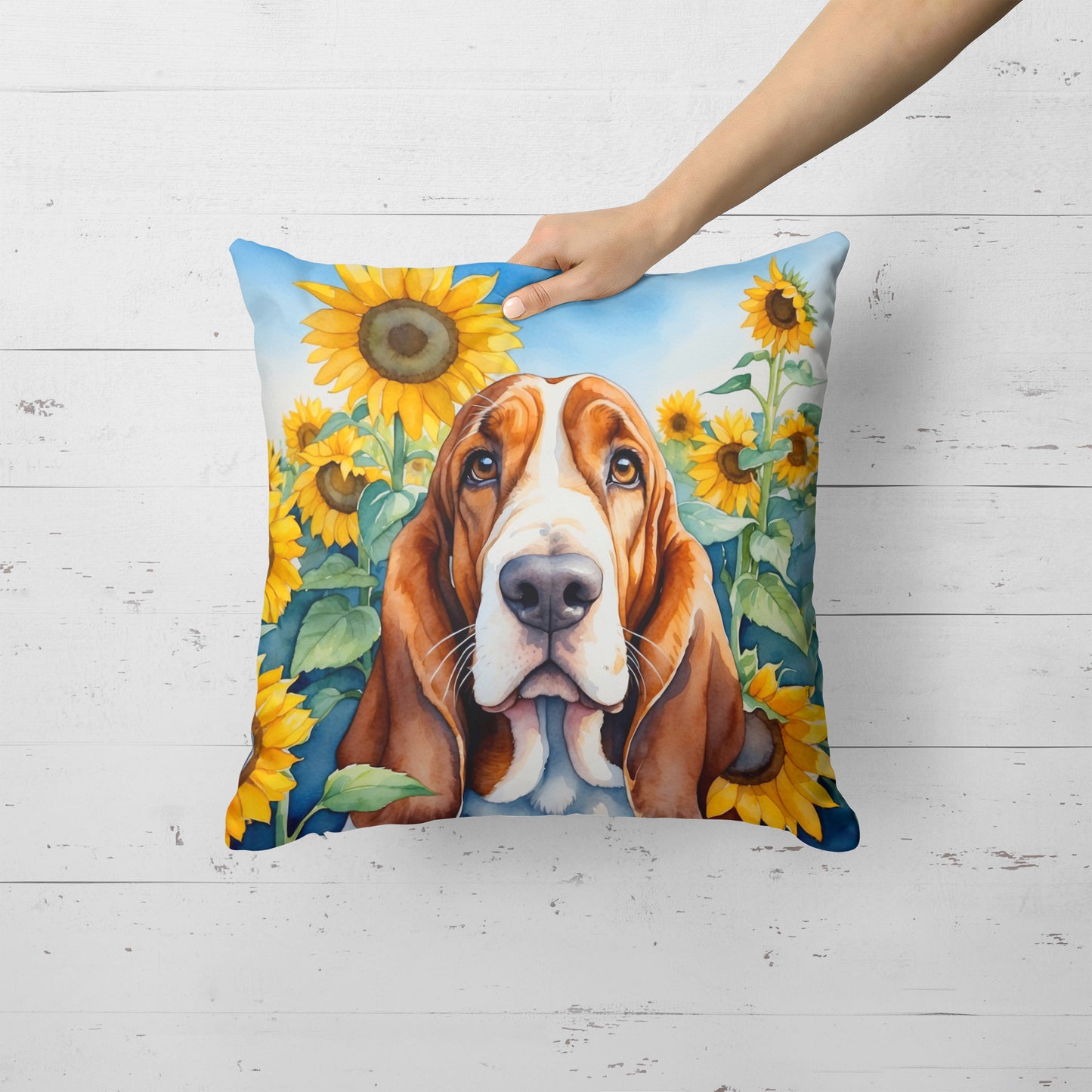 Basset Hound in Sunflowers Throw Pillow