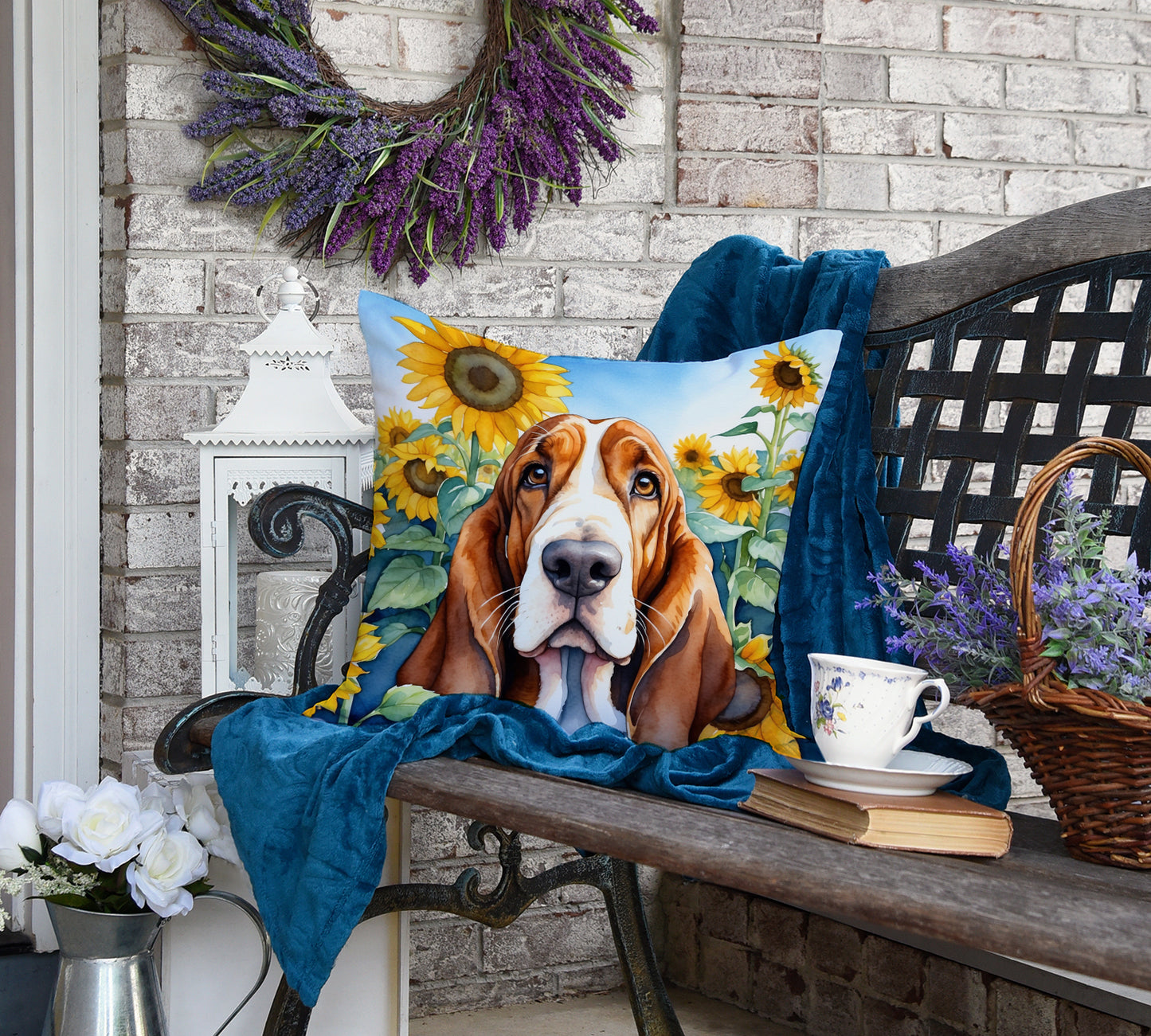 Basset Hound in Sunflowers Throw Pillow