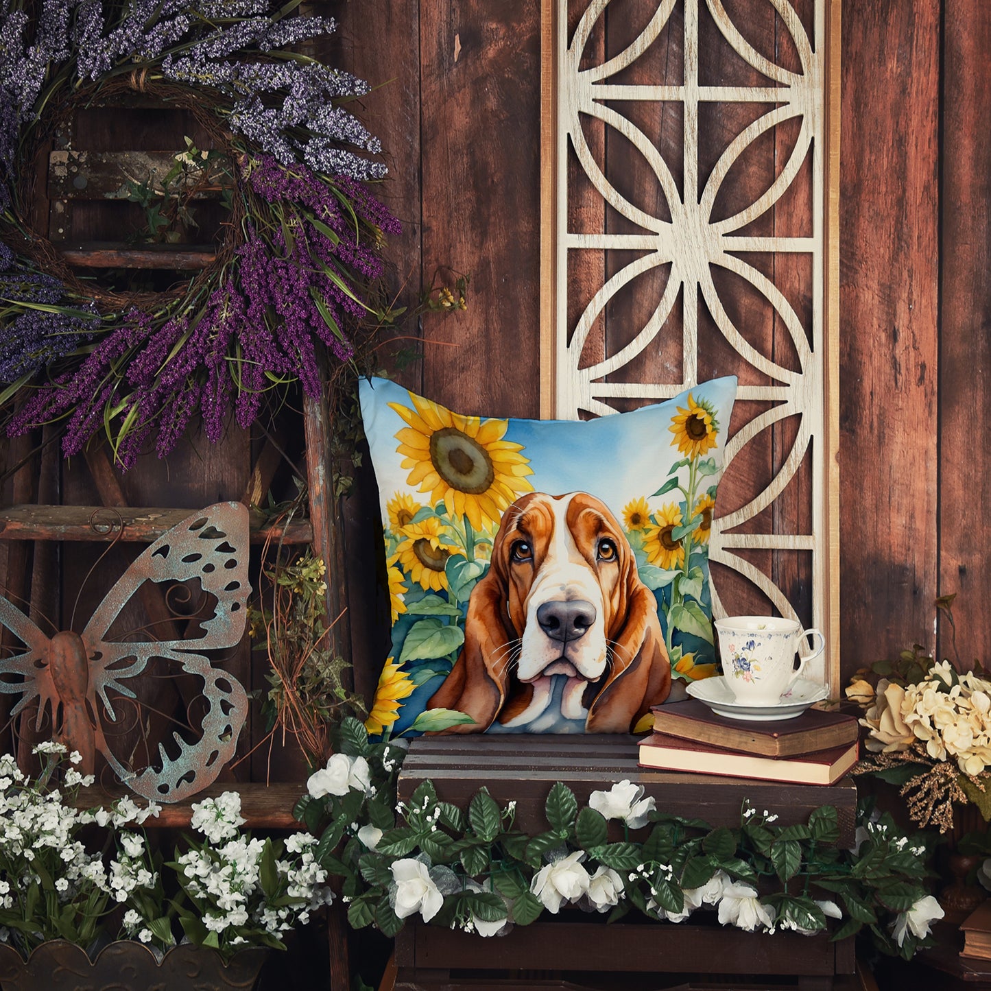 Basset Hound in Sunflowers Throw Pillow