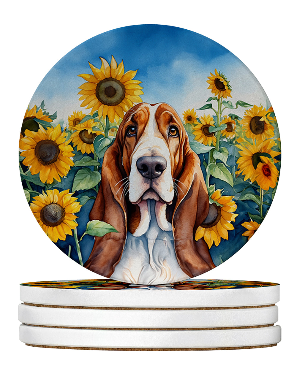 Buy this Basset Hound in Sunflowers Large Sandstone Coasters Pack of 4