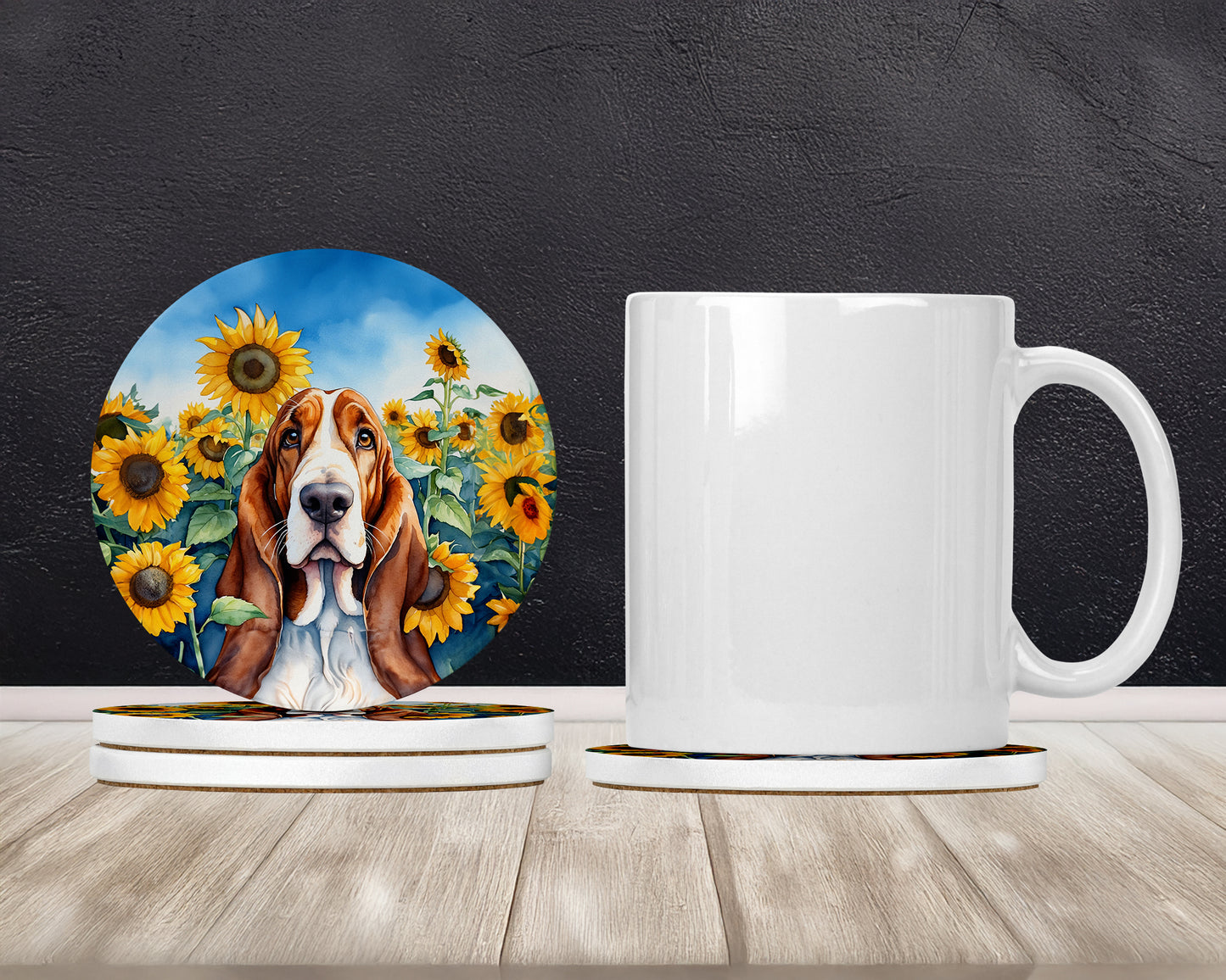 Basset Hound in Sunflowers Large Sandstone Coasters Pack of 4