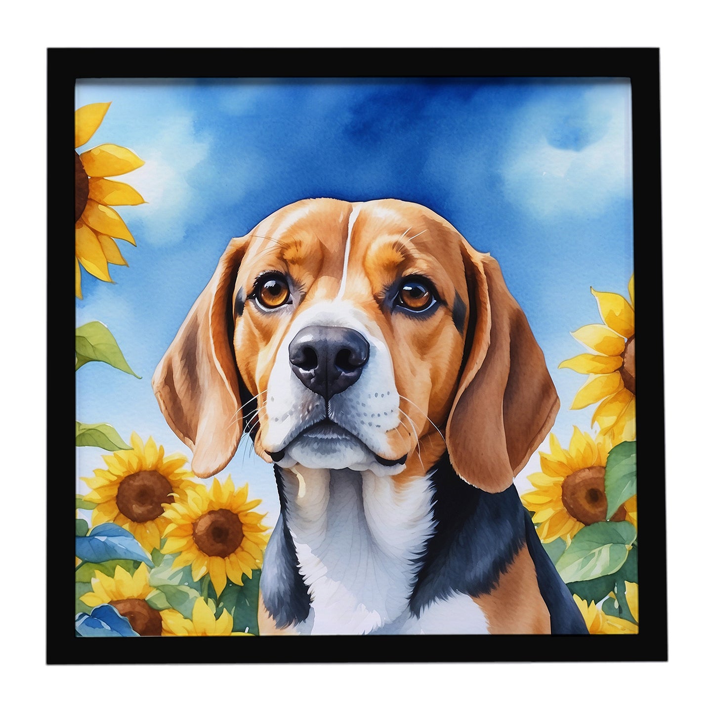 Buy this Beagle in Sunflowers Framed Metal Print