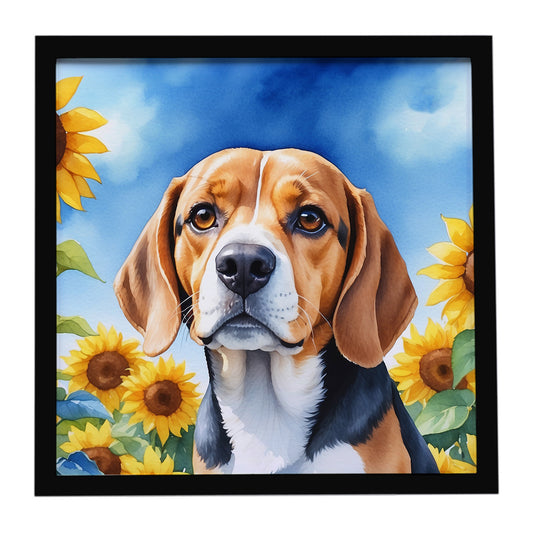 Buy this Beagle in Sunflowers Framed Metal Print