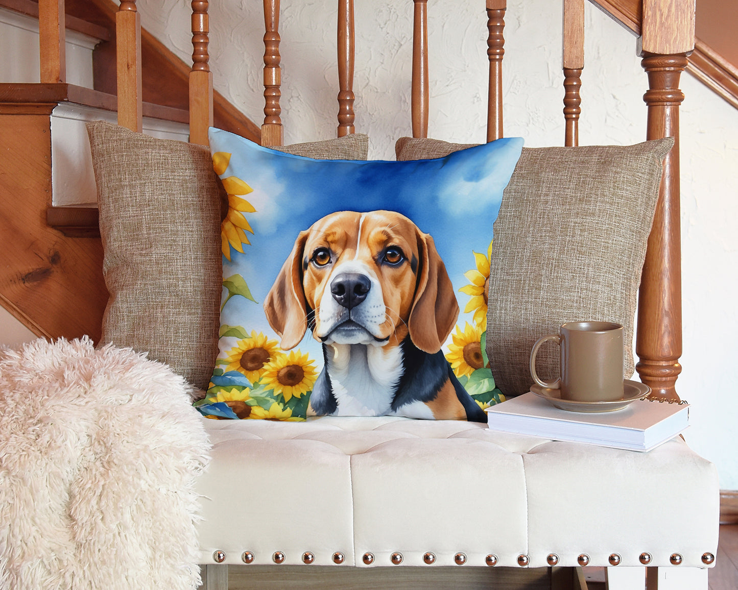 Beagle in Sunflowers Throw Pillow