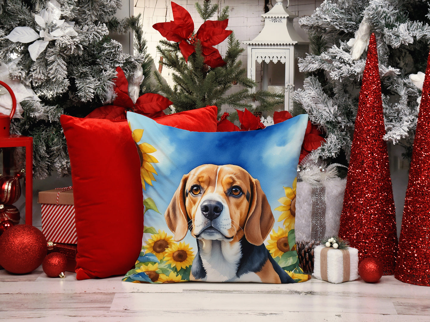 Beagle in Sunflowers Throw Pillow