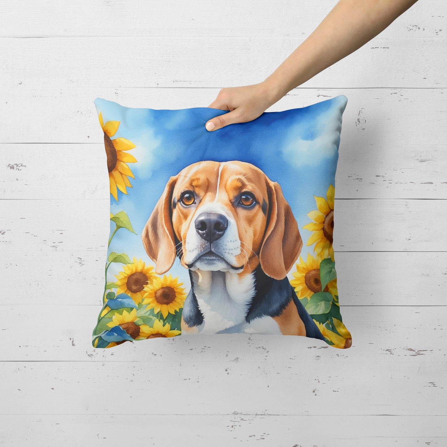 Beagle in Sunflowers Throw Pillow