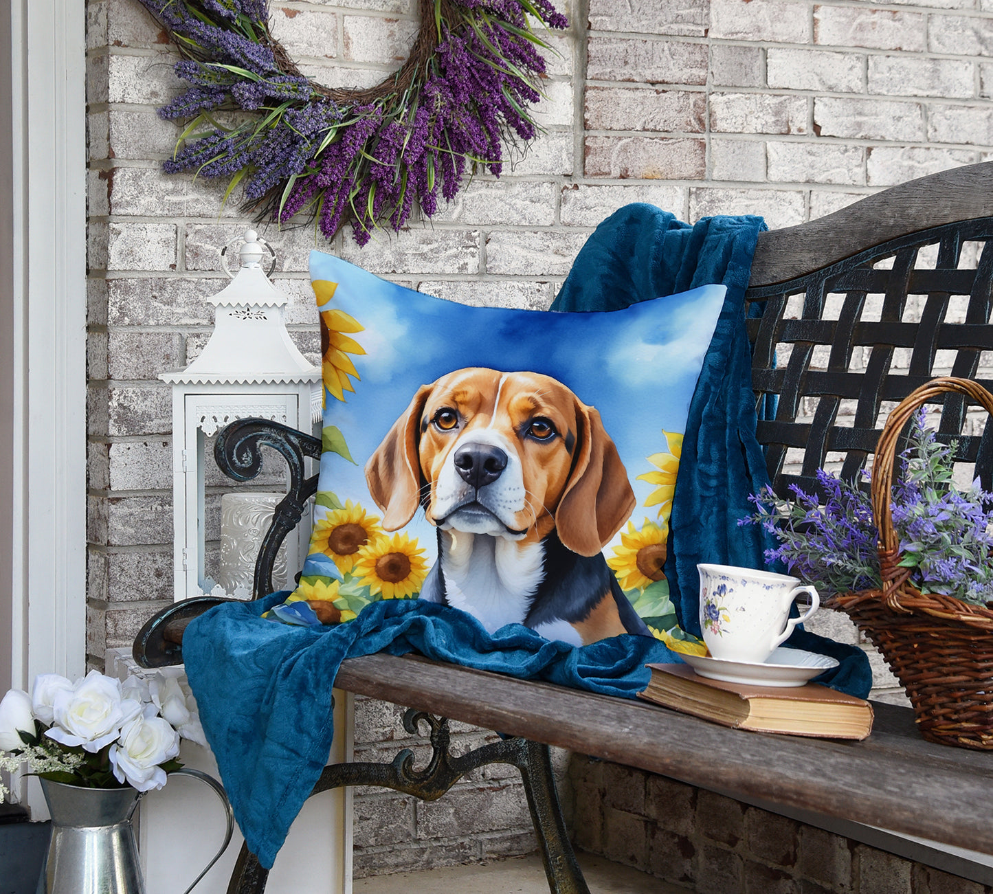 Beagle in Sunflowers Throw Pillow