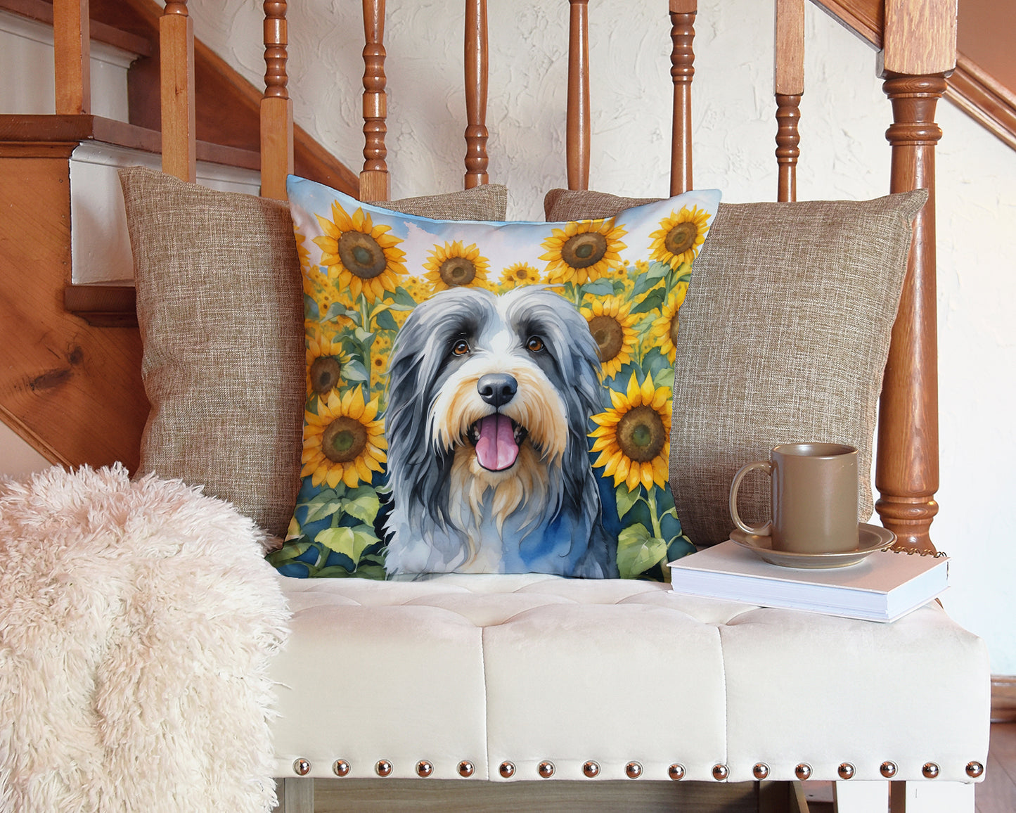 Bearded Collie in Sunflowers Throw Pillow