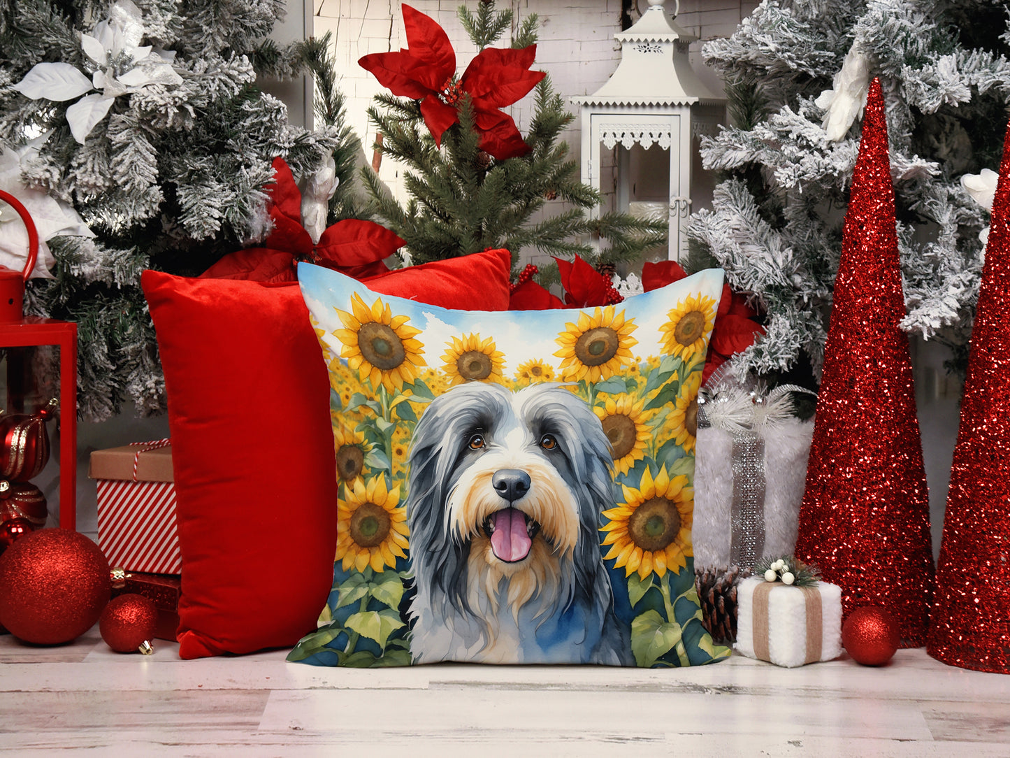 Bearded Collie in Sunflowers Throw Pillow