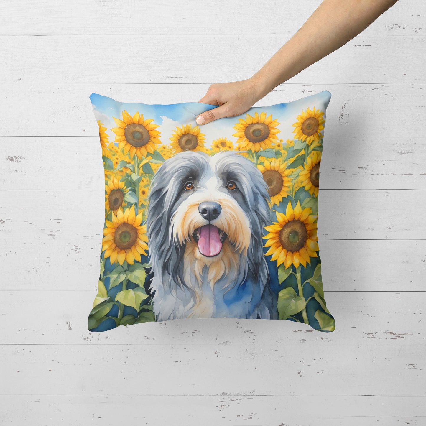 Bearded Collie in Sunflowers Throw Pillow