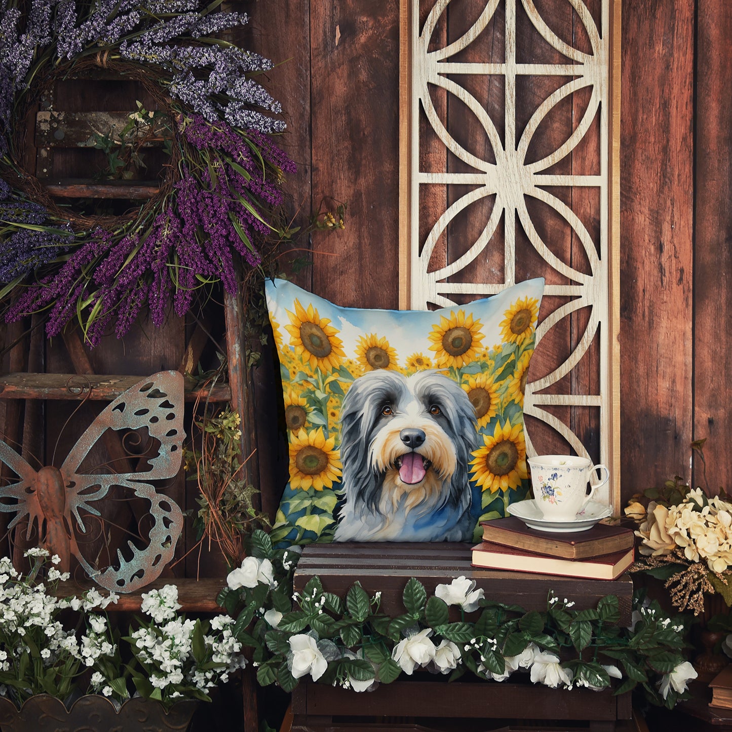 Bearded Collie in Sunflowers Throw Pillow