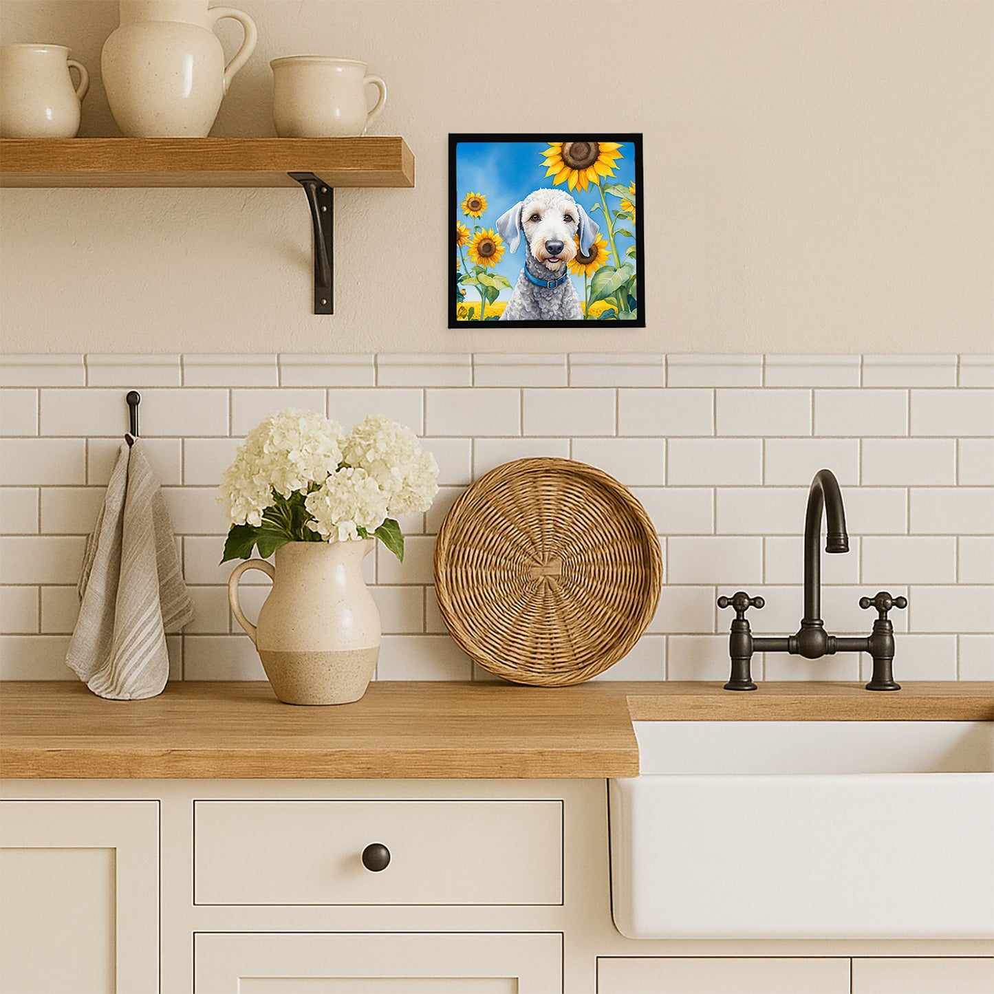 Bedlington Terrier in Sunflowers Framed Metal Print