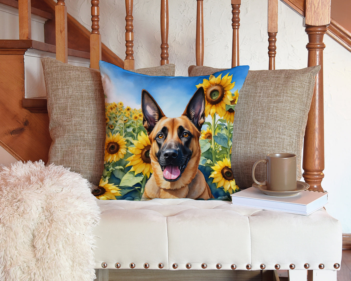 Belgian Malinois in Sunflowers Throw Pillow