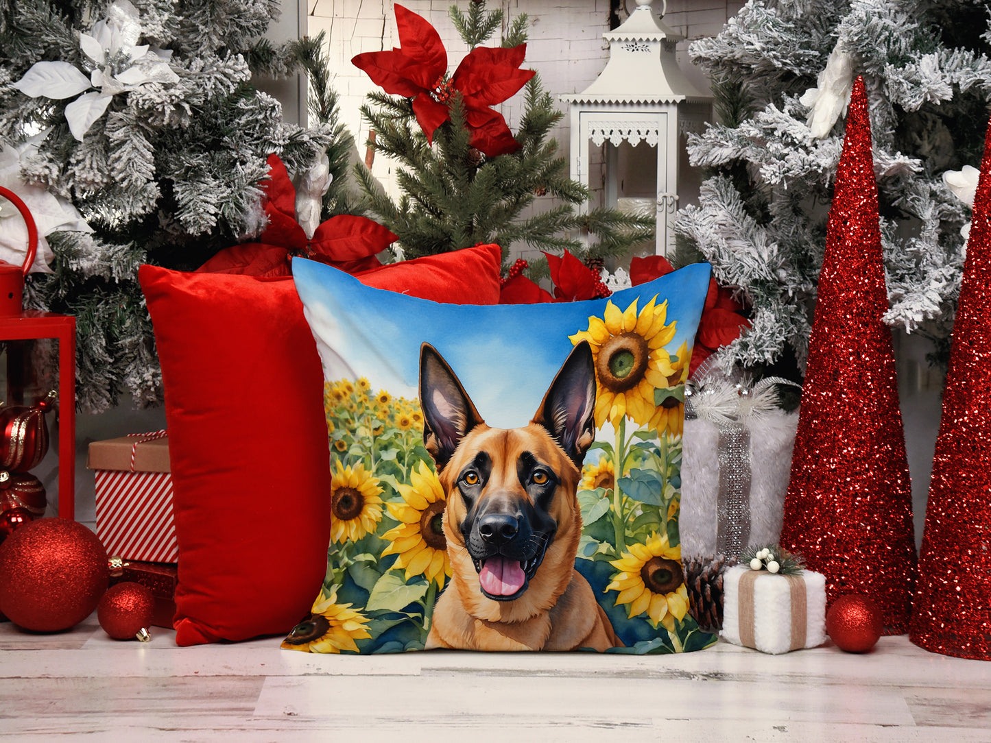 Belgian Malinois in Sunflowers Throw Pillow