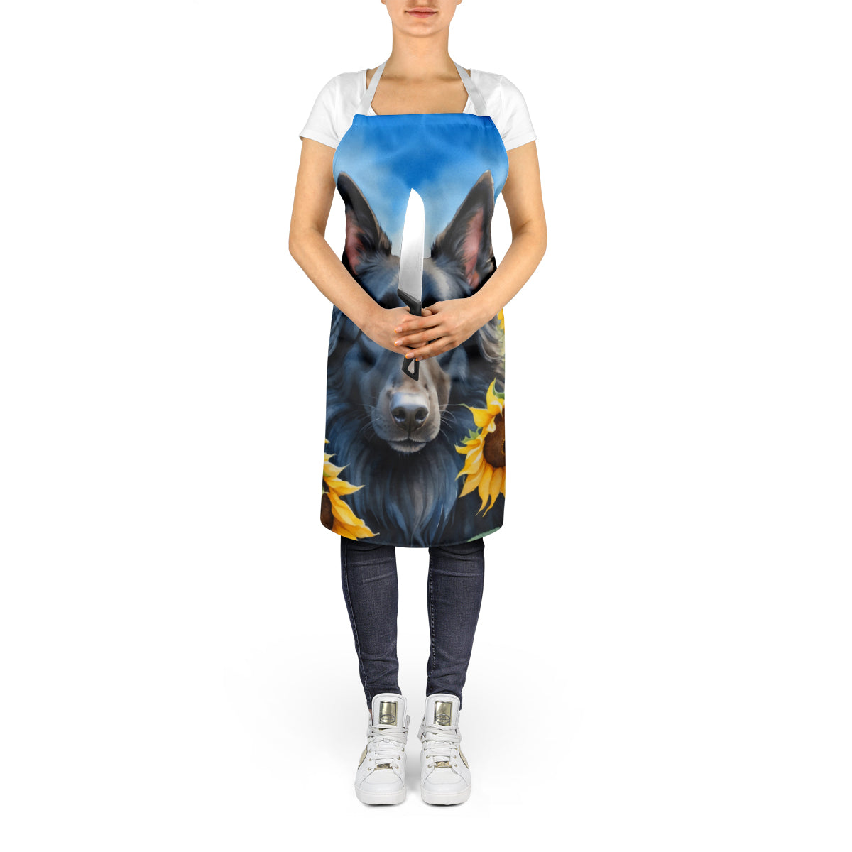 Belgian Sheepdog in Sunflowers Apron