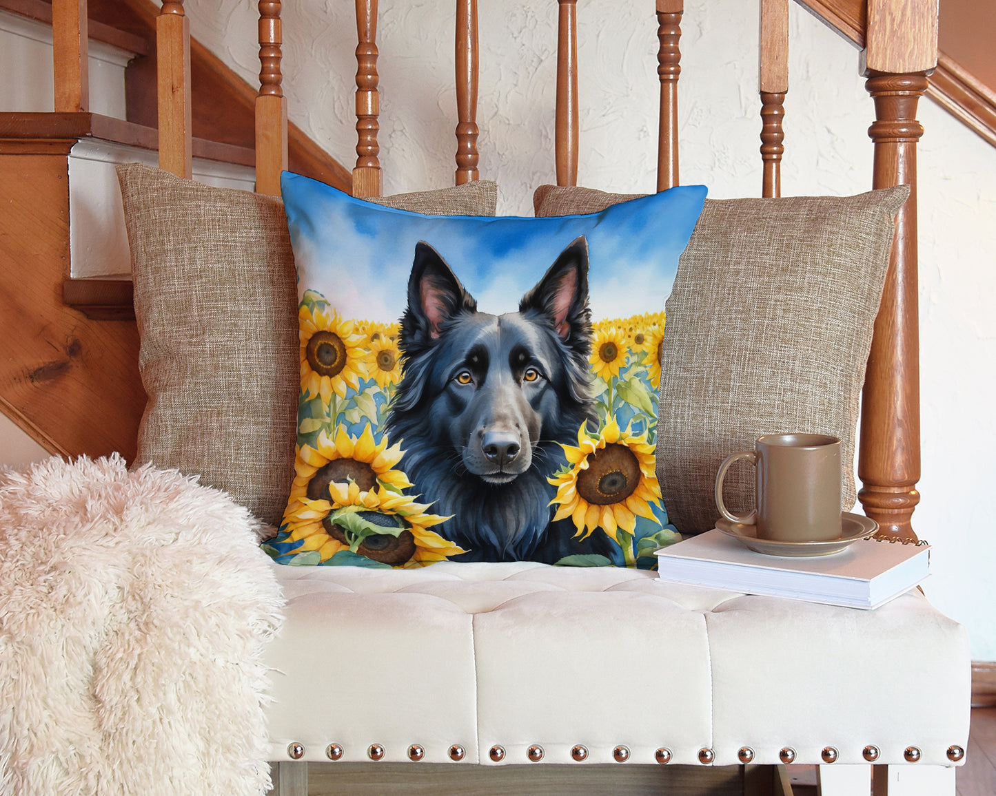 Belgian Sheepdog in Sunflowers Throw Pillow