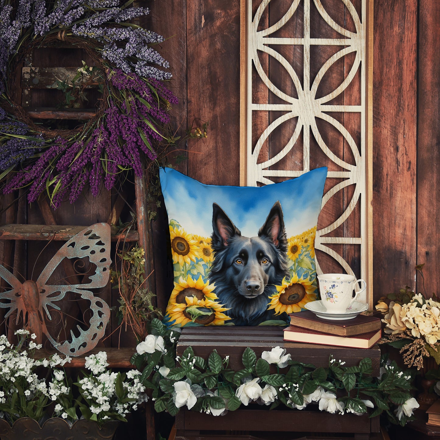 Belgian Sheepdog in Sunflowers Throw Pillow