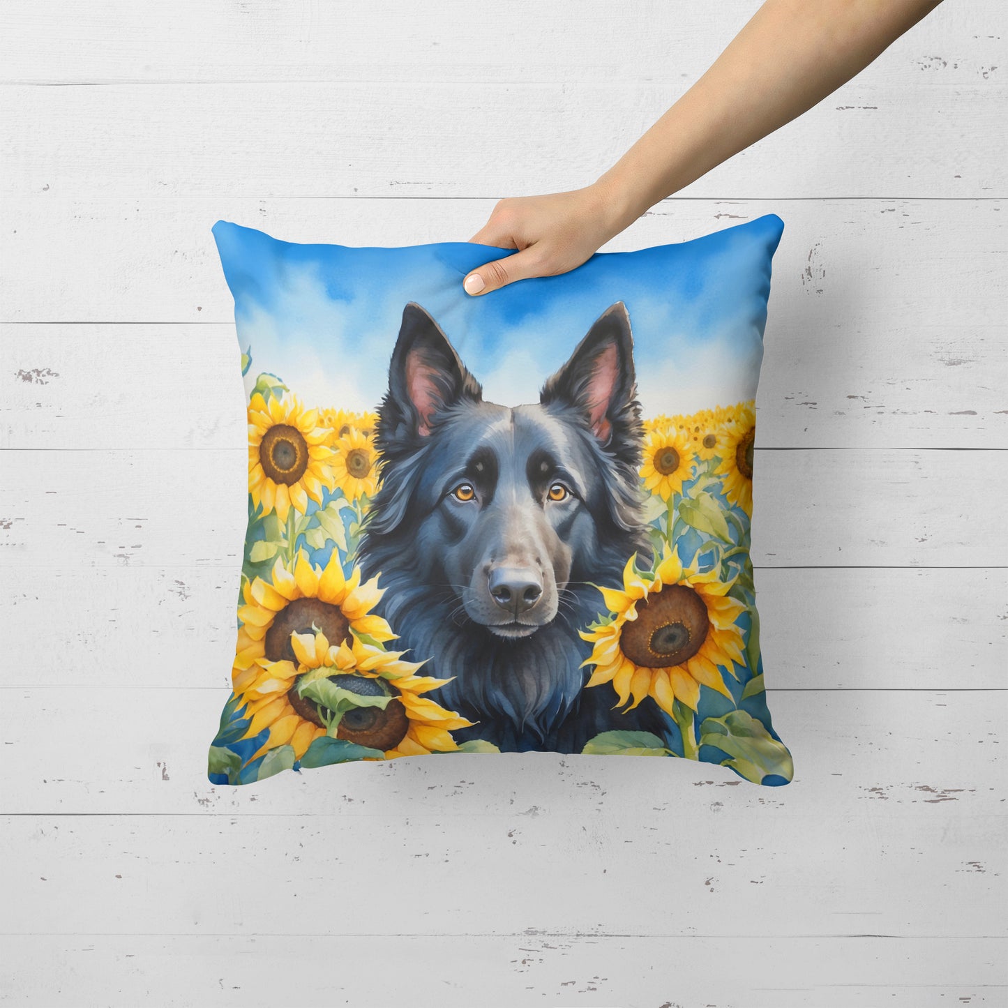 Belgian Sheepdog in Sunflowers Throw Pillow