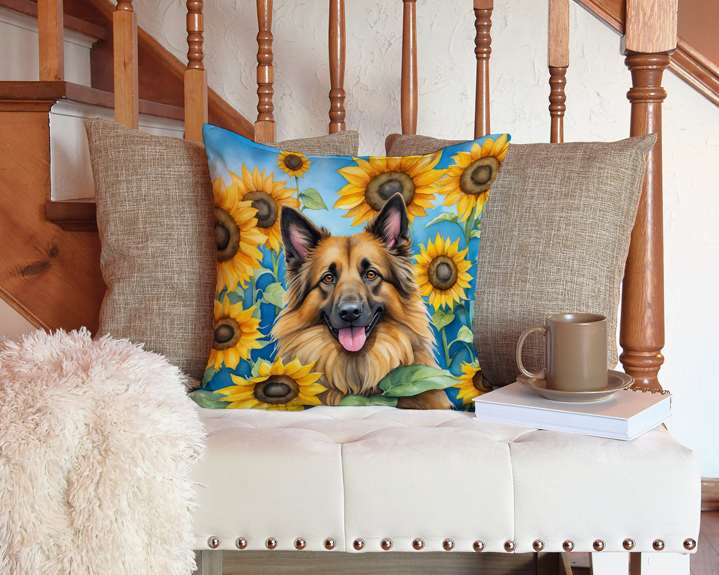 Belgian Tervuren in Sunflowers Throw Pillow