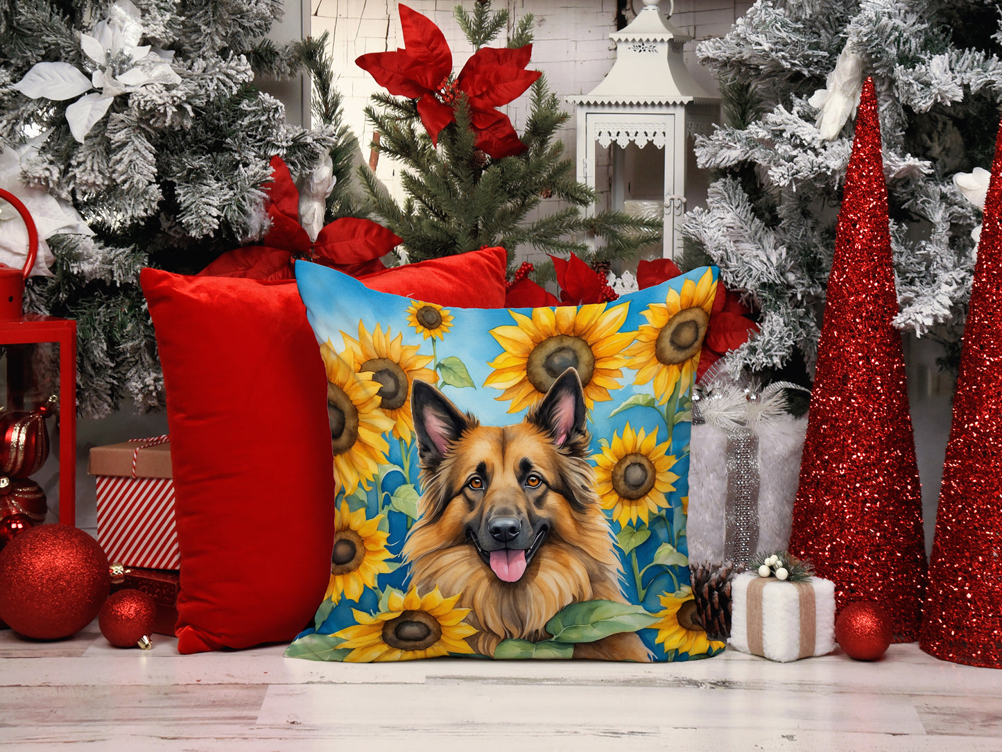 Belgian Tervuren in Sunflowers Throw Pillow