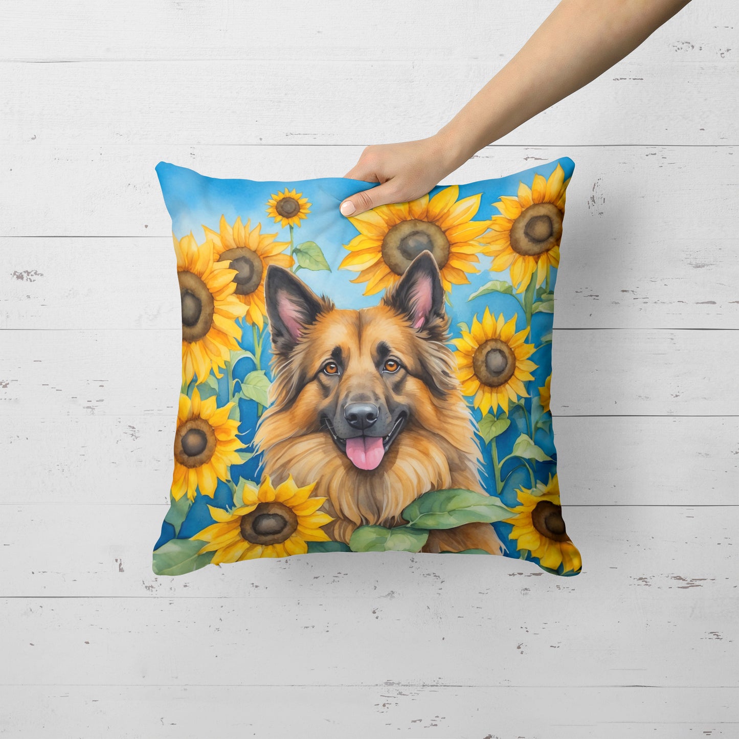 Belgian Tervuren in Sunflowers Throw Pillow