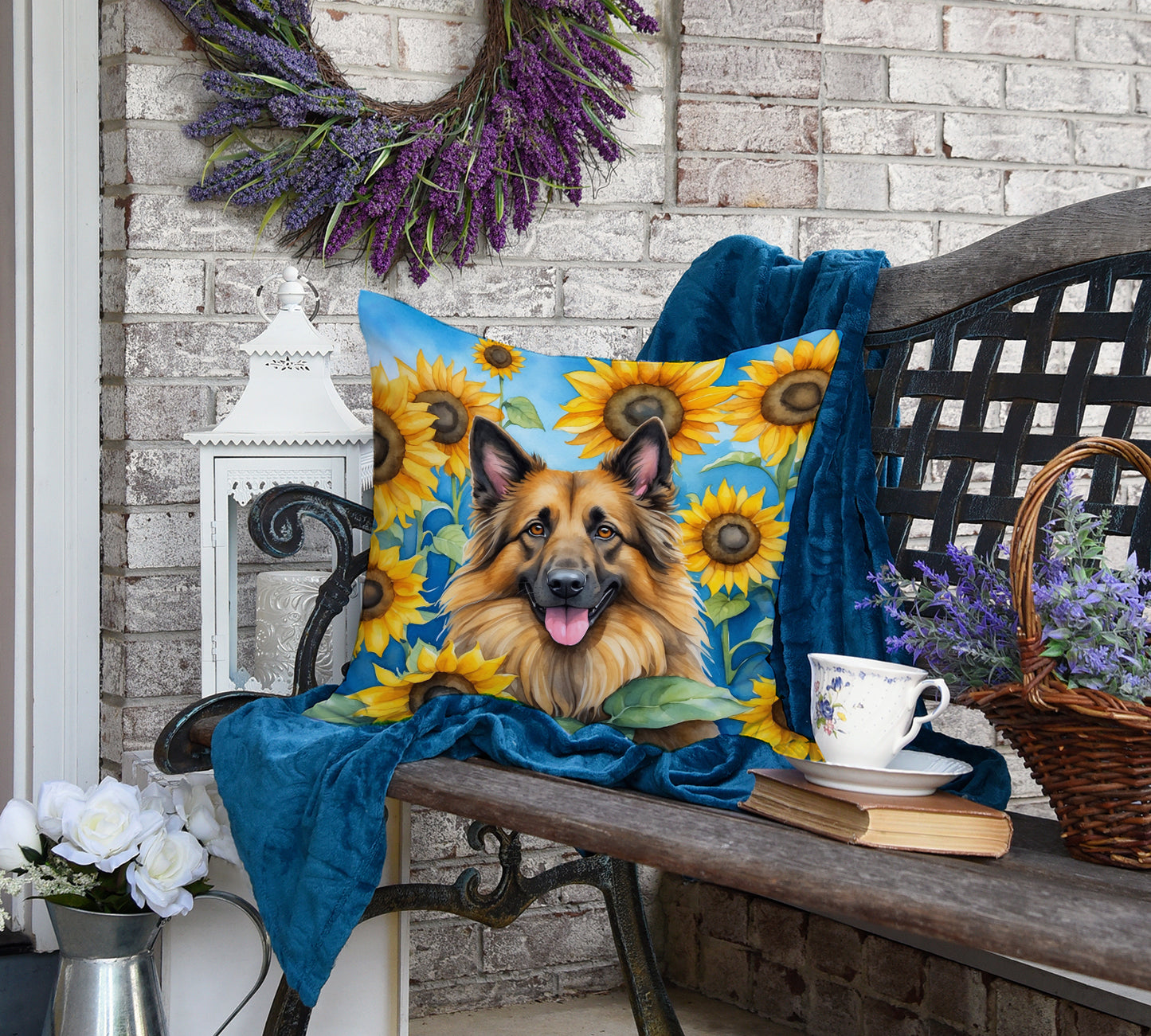 Belgian Tervuren in Sunflowers Throw Pillow