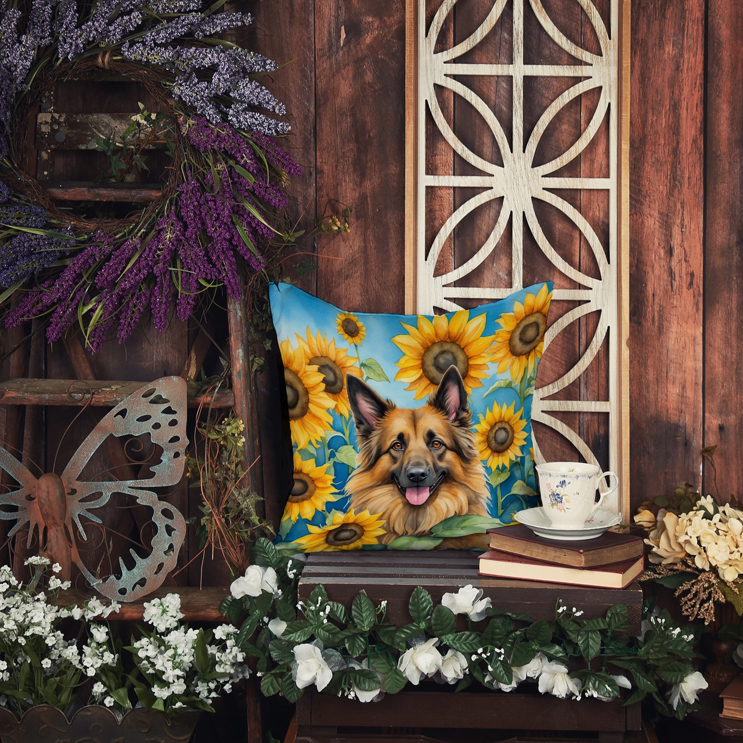 Belgian Tervuren in Sunflowers Throw Pillow