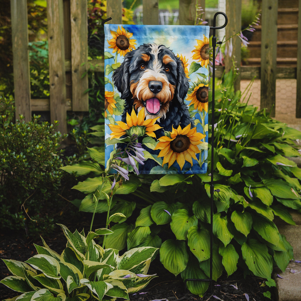 Bernedoodle in Sunflowers Garden Flag