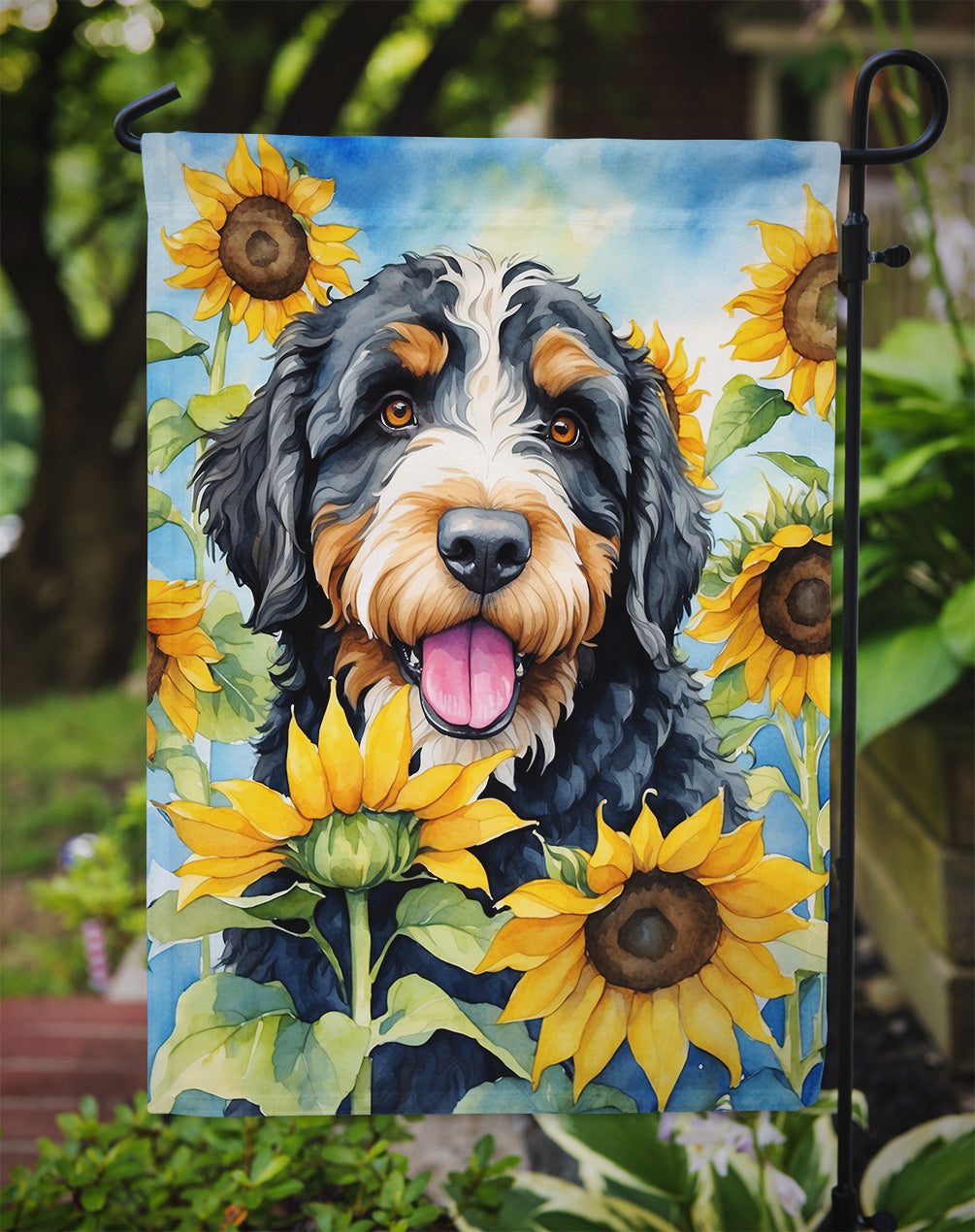 Bernedoodle in Sunflowers Garden Flag