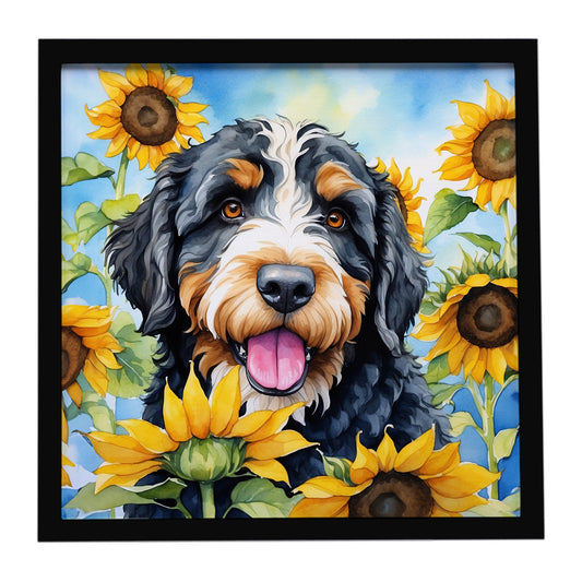 Buy this Bernedoodle in Sunflowers Framed Metal Print