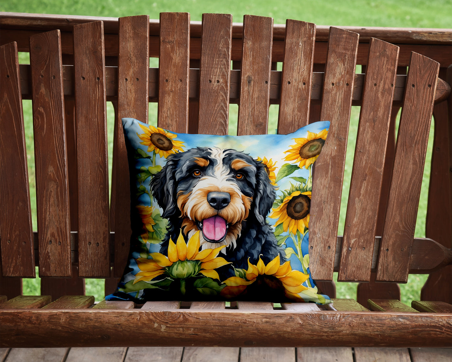 Bernedoodle in Sunflowers Throw Pillow