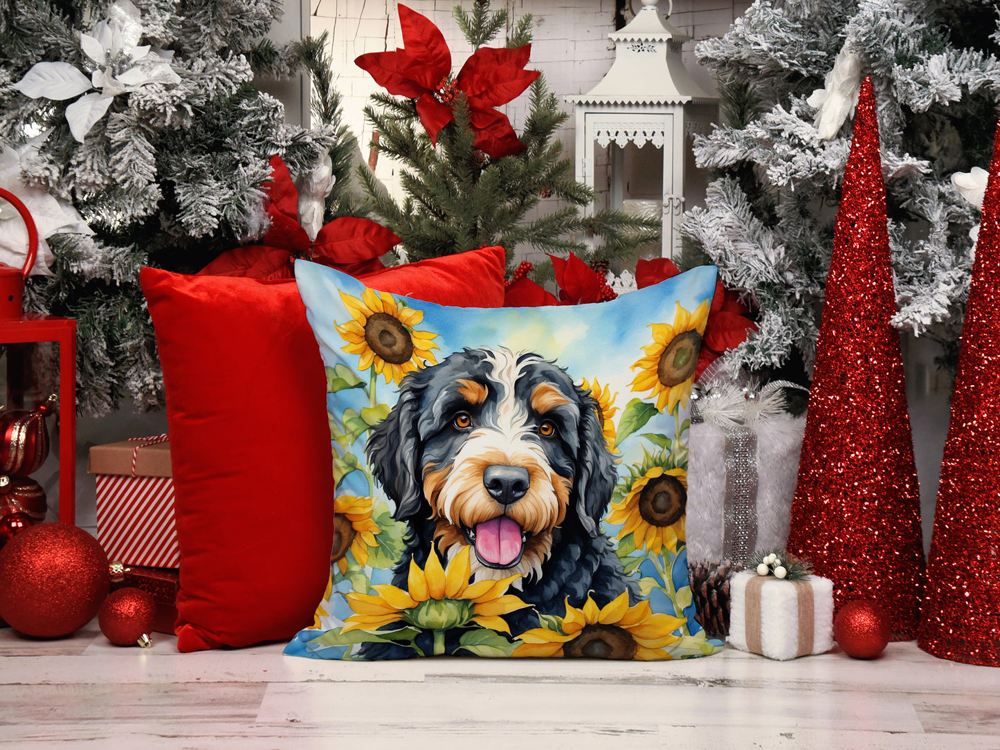 Bernedoodle in Sunflowers Throw Pillow