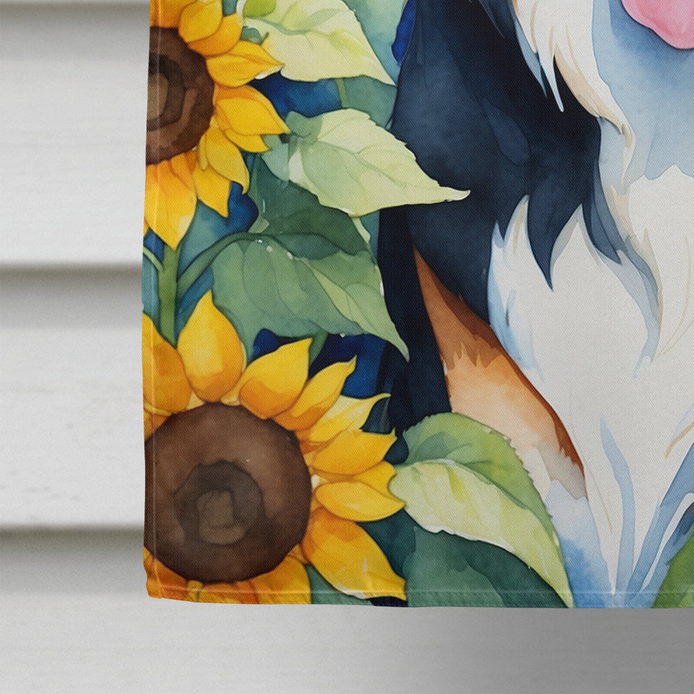 Bernese Mountain Dog in Sunflowers House Flag