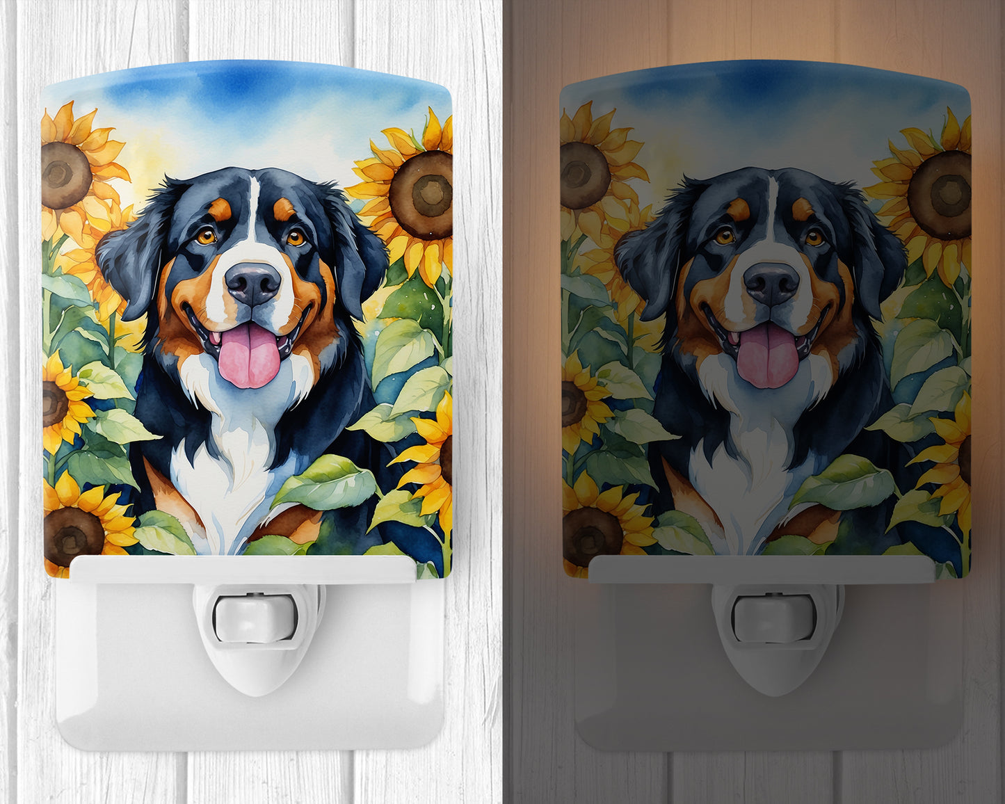 Bernese Mountain Dog in Sunflowers Ceramic Night Light