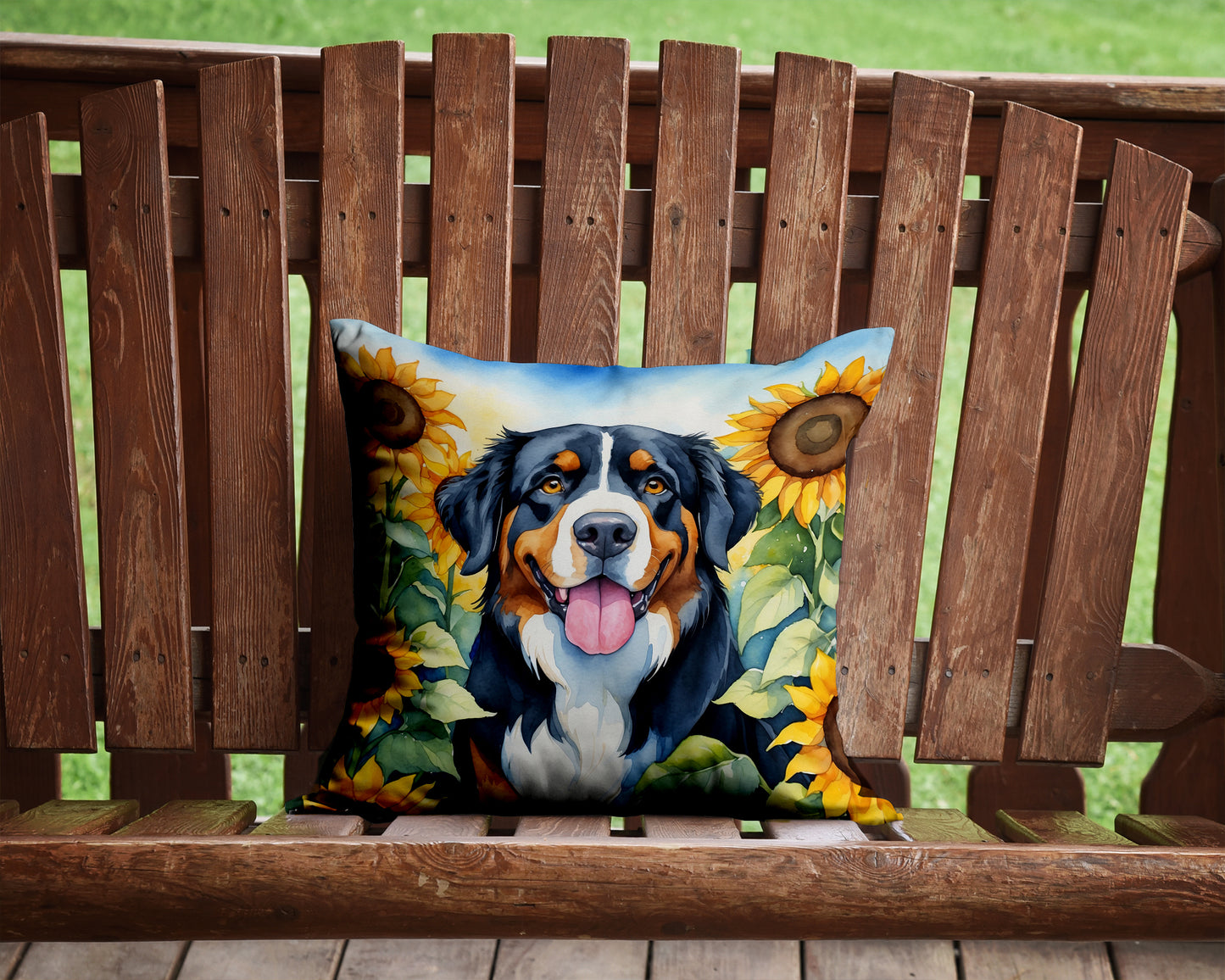 Bernese Mountain Dog in Sunflowers Throw Pillow