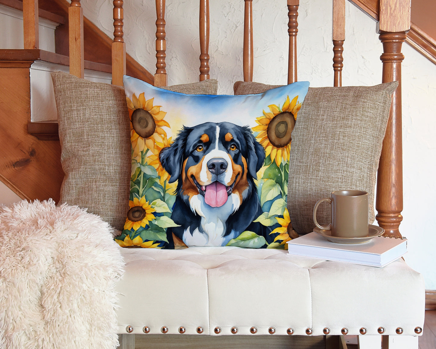 Bernese Mountain Dog in Sunflowers Throw Pillow