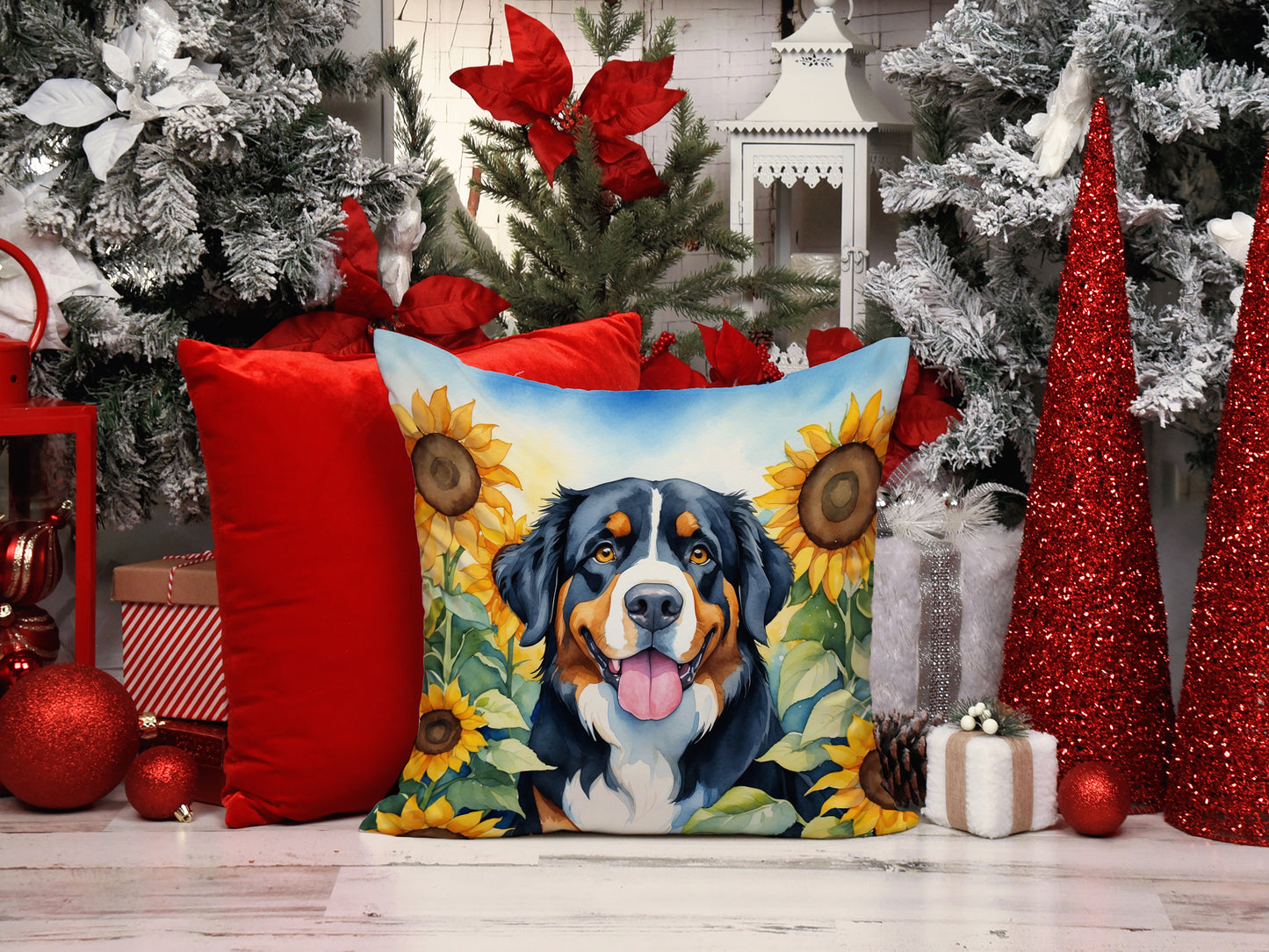 Bernese Mountain Dog in Sunflowers Throw Pillow