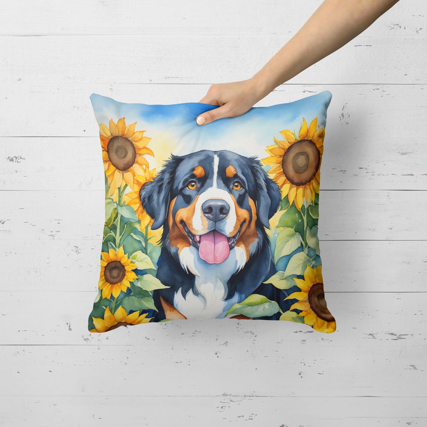 Bernese Mountain Dog in Sunflowers Throw Pillow