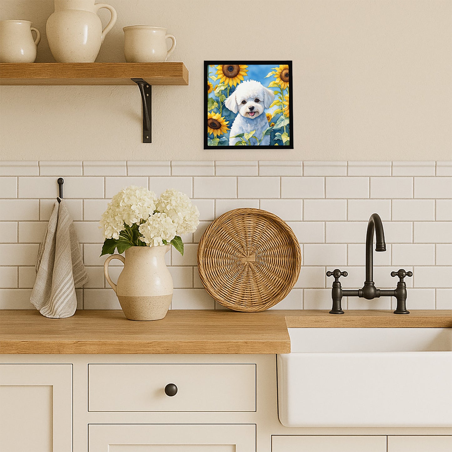Bichon Frise in Sunflowers Framed Metal Print